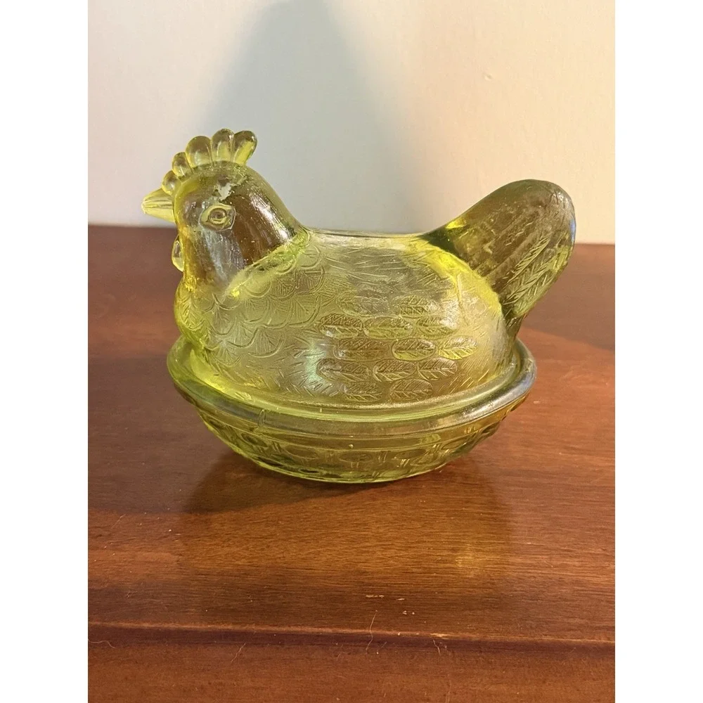 MCM Mini Olive Green Glass Hen On Nest Covered Dish Trinket Salt Cellar Cottage